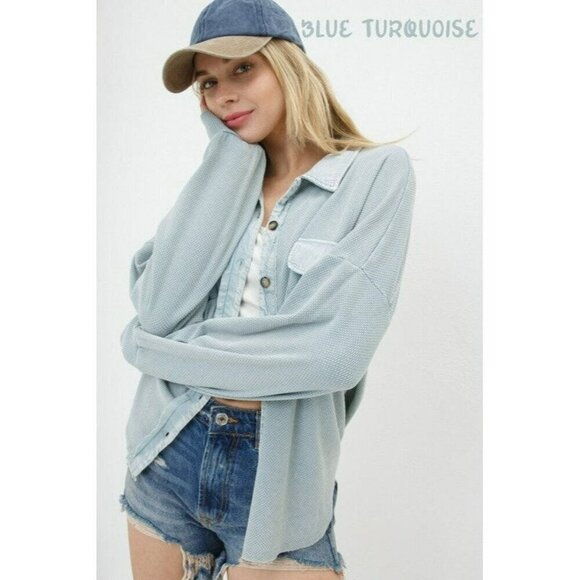 Not Your Boyfriend's Textured Knit Shirt Jacket in Blue - Picture 2 of 2